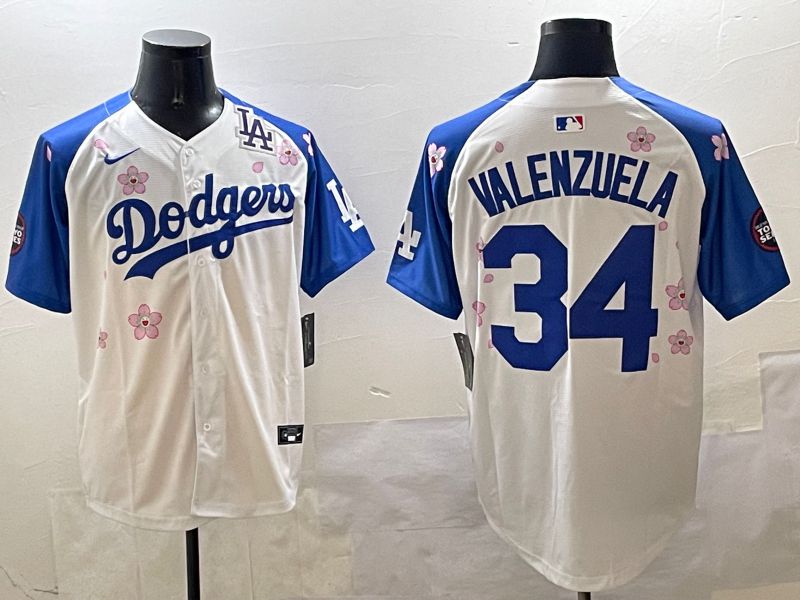 Men Los Angeles Dodgers #34 Valenzuela White Blue Sakura Edition 2025 Nike MLB Jersey style 5->los angeles dodgers->MLB Jersey